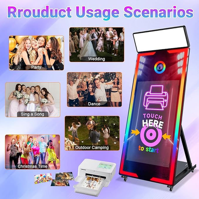 Mirror Photo Booth with Camera and Printer, 65" Magic Mirror Photo Booth, 43" Touch Screen Built-in Mini PC with Instant Print and Sharing, Music Sync Control RGB Light (Black, 65-43" Full Set)
