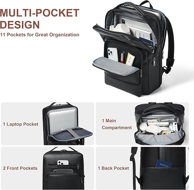 Shrrie Leather Laptop Backpack for Women and Men,28 L Travel Backpack Computer Bag Fits 16 inch Laptop,Expandable Casual Daypack with USB Charging Port for Work Business Weekender College,Black