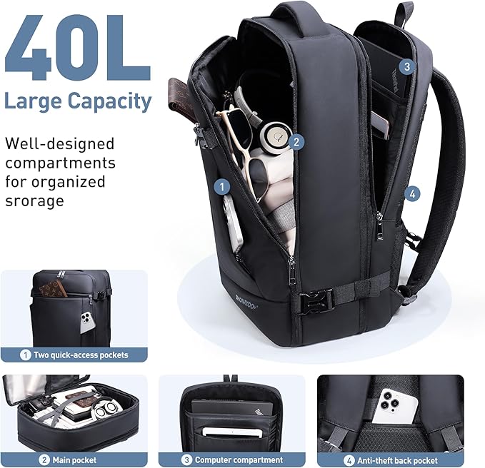 SHOWKOO Travel Backpack For Man Women, Airline Approved Carry On Laptop Backpack For Business, 40L Expandable Large Capacity Backpack, Black