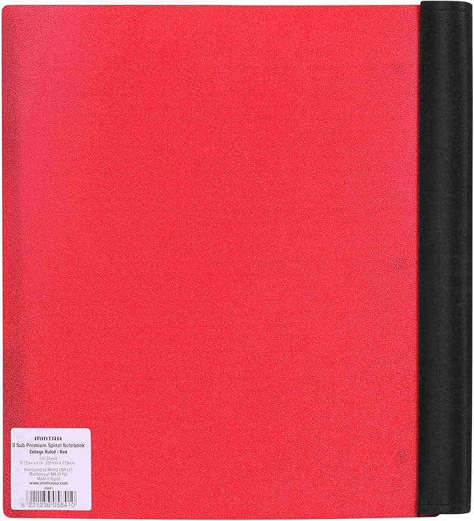Mintra Office Durable PREMIUM Spiral Notebook, ((Red, 3 Subject, 8.5in x 11in)), Fabric Covered Coils, No Snags, Removable Adjustable Pocket Dividers, Ruler, Organization, Customizable