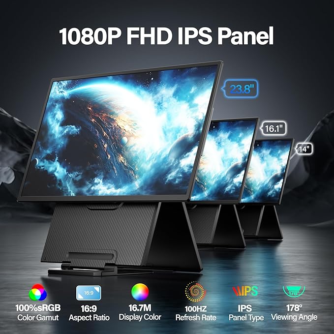 23.8" Large Portable Monitor, 1080P FHD 100Hz Laptop Screen Extender, IPS 125% sRGB, Extra USB Hub for Office Gaming with Detachable Stand, Travel Monitor for Window, MAC, Xbox, Switch