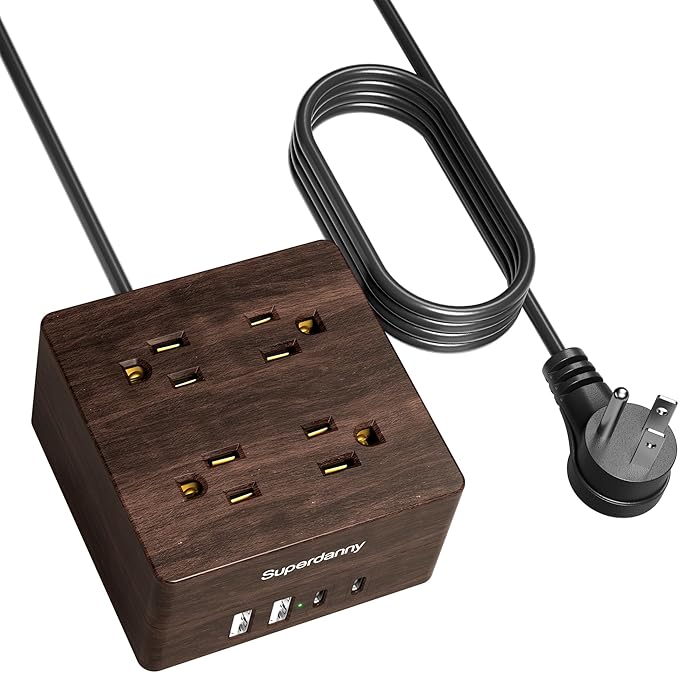 SUPERDANNY USB Power Strip Surge Protector - Desktop Extension Cord with 4 Widely Spaced Outlets & 4 Smart USB Ports, Portable Charging Station for Home, Office, Hotel, Dorm, RV, Deep Walnut Grain