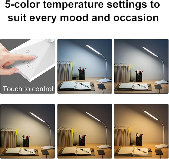 RAOYI LED Desk Lamp, 12W Dimmable Table Lamp Eye-Caring Reading Light with USB Charging Port Touch Control 5 Color Modes 7-Level Brightness Adjustable for Office Home Bedroom (White)