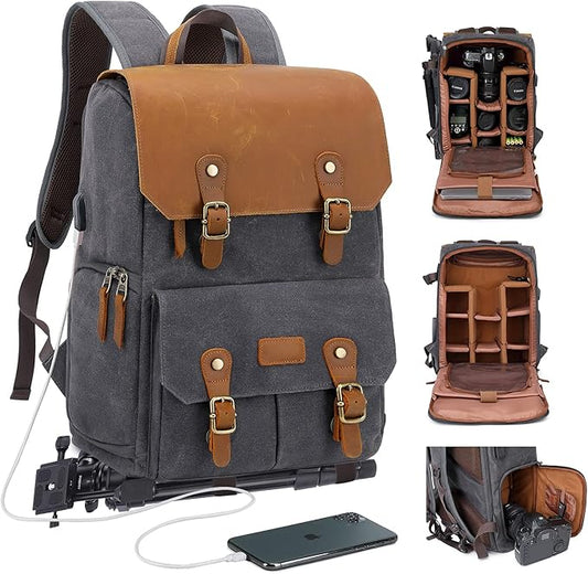 JAEP Camera Backpack - Weather Resistant 16 Ounces Waxed Memory Canvas – DSLR SLR Backpacks with 15.6” laptop sleeve compartment and Tripod Holder for Photographers -Vintage leather Style (Dark Grey)