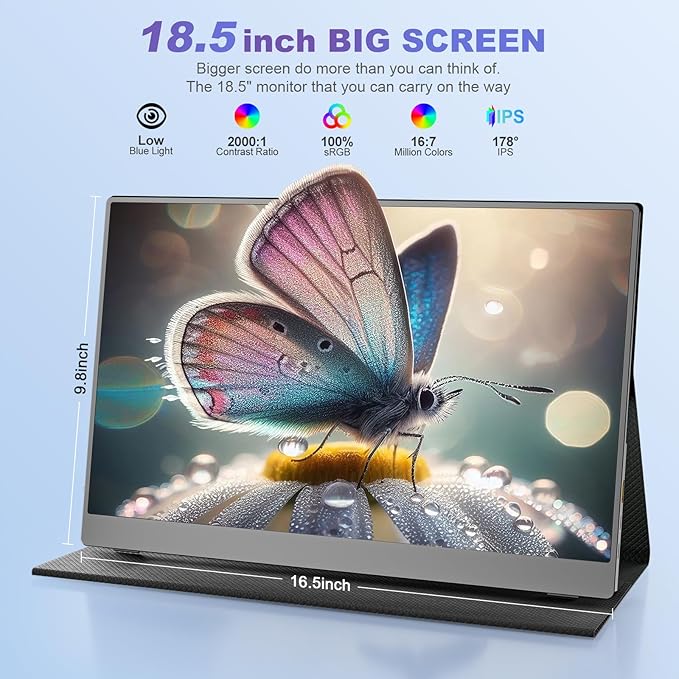18.5 Inch Portable Monitor for Laptop, FHD 1080P 100% sRGB Travel Monitors for Laptop, Portable Computer IPS Display w/VESA, External Monitor USB-C HDR HDMI Portable Screen w/Smart Cover & Speakers
