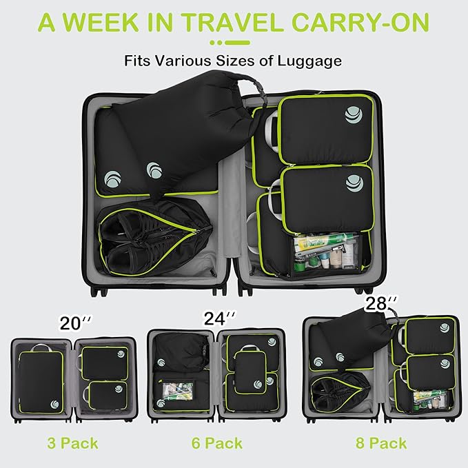 Cipway Compression Packing Cubes, Lightweight Travel Luggage Organizers with Shoe, Toiletry & Laundry Bags, Travel Essentials for Carry-on Suitcase (8 Piece, Black)