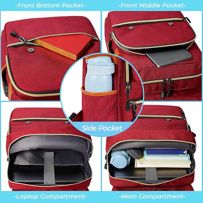 Ronyes Vintage Laptop Backpack for Women Men,15.6 inch Bookbag Casual Daypack with USB Charging Port for College Work, Red Backpacks