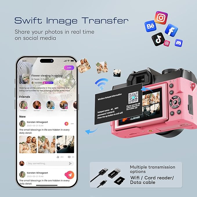 Digital Cameras for Photography with WiFi&App Control, Ture 4K&48MP Vlogging Camera for YouTube,Compact,16X Zoom Autofocus, Anti-Shake for Entry-Level User, Beginners, Macro&Wide Lens-32GB Card (Pink)