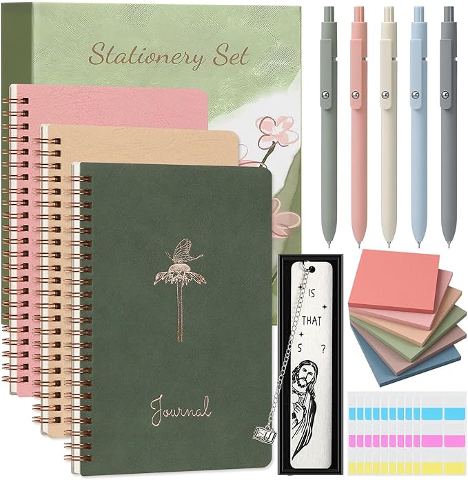 Stationery Set for Women, Journaling Kit, 3PCS A5 Spiral Notebooks, Gel Pens, Steel Bookmark, Sticky Notes & Tabs, Gift Box - Aesthetic Gift Set for Work Students School Office Supplies