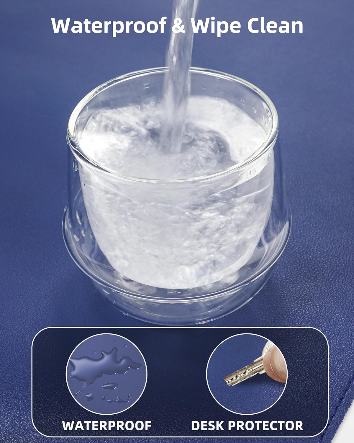 Extra Large Desk Pad Mat - Waterproof Mouse Pad & Desk Protector, Non-Slip XXL PU Leather Gaming Mat for Keyboard/Mouse, Stitched Edge with Ergonomic Support, 55"x17" (Blue)