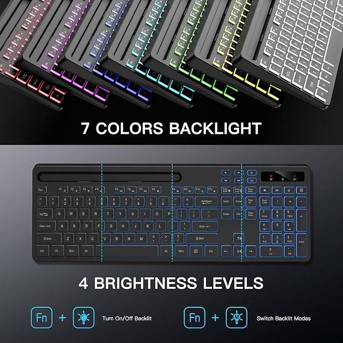 Wireless Keyboard with 7 Colors & 4 Modes RGB Backlit, Ergonomic Keyboard with Wrist Rest, Phone Tablet Holder, 2.4G Light Up Computer Keyboard with Numeric Keypad for Mac, Windows