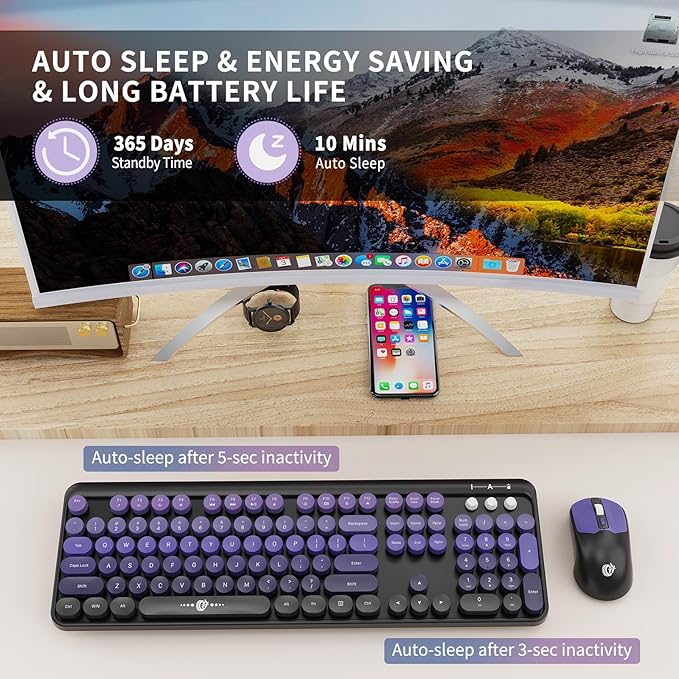 FD Wireless Keyboard and Mouse Combo | Cute Colorful Keyboard and Mouse with 2.4GHz Cordless Retro Typewriter Keyboard | Auto-Sleep | USB Receiver for Windows PC/Laptop - Black Purple Gradient