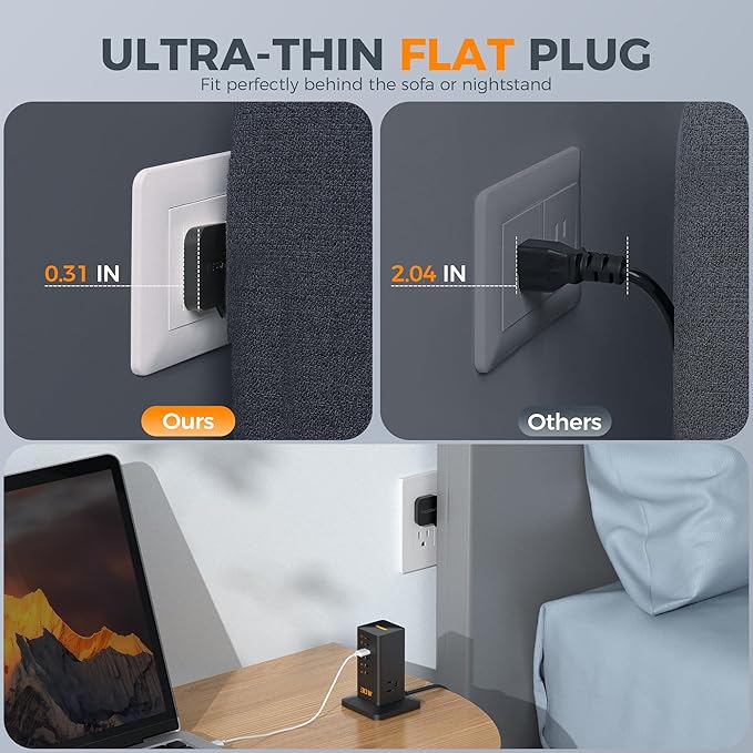 Charging Station 30W, TESSAN 9-in-1 Charger Blocks for iPhone 16/15/14/13, Tablets, Earphone with Surge Protector, 5ft Flat Extension Cord with 4 USB A, and 2 USB C for Home, Office, Dorm, Black