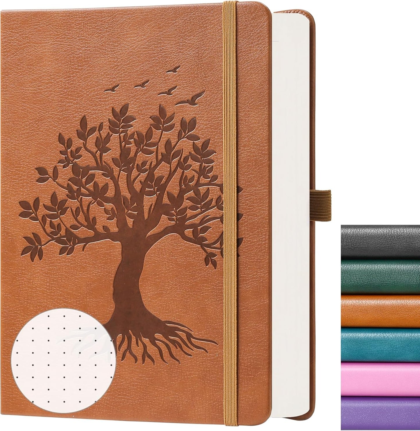 ZXHQ B5 Bullet Dotted Journal Notebook:150 gsm Thick Paper, 256 Pages, Dot Grid Hardcover, Tree of Life Design, Fine Inner Pocket - 7.7" × 10" Brown