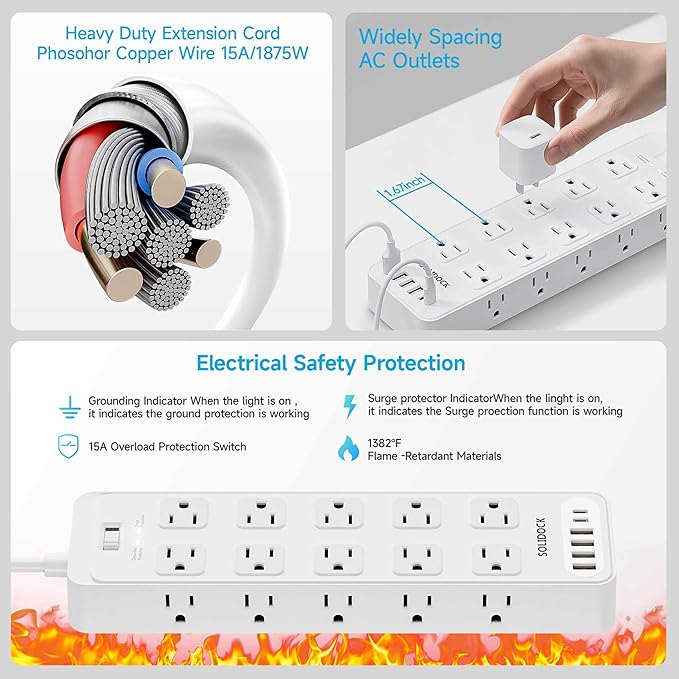 Power Strip Surge Protector Flat Plug with 20 AC Outlets 6 USB Chagring Ports, 1875W/15A, 2700J, 15 Ft Heavy Duty Extension Cord for Home, Office, Dorm, Gaming,ETL Listed (White, 15Feet)
