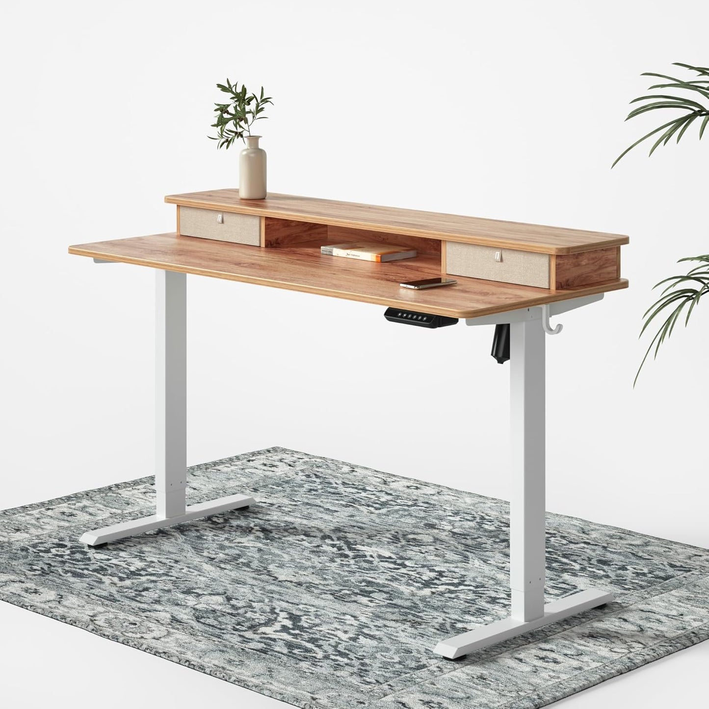 FEZIBO 55 x 24 Inch Whole-Piece Height Adjustable Standing Desk with Double Drawers, Sit Stand Desk, Stand Up Table (Send Two Packages), Light Rustic Top