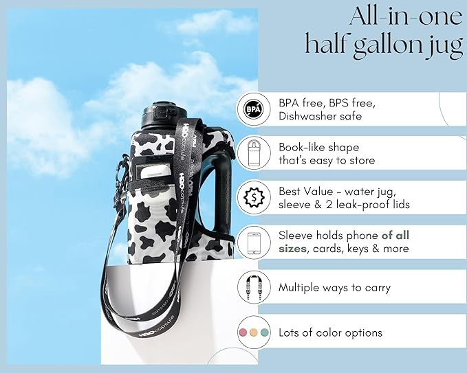 H2O Capsule Half Gallon Cube Square Water Bottle - 2.2L Water Bottle with Strap, Storage Sleeve, Covered Straw and Chug Lid – BPA Free Reusable Sports Water Jug with Handle, (68 Ounce), (Cow)