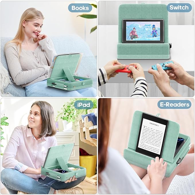 KDD Tablet Pillow Stand with Storage, Foldable iPad Holder for Bed, Lap and Desk, Angle Adjustable Soft Pad Dock with Stylus Mount Compatible with iPad Pro 12.9, 11, Air, Mini, Phones, Books (Green)