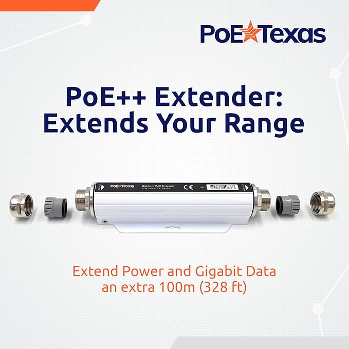PoE Texas Outdoor PoE Extender - IP67 Waterproof Direct Burial Repeater - High-Speed Ethernet Booster Extends Power Gigabit Data Range up to 660' - IEEE 802.3bt/at/af Compliant for IP Cameras, VoIP