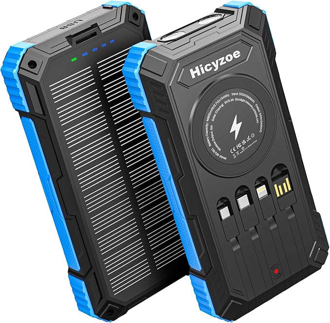Solar Charger Power Bank, 49800mAh Wireless Portable Phone Charger, 15W QC3.0 Fast Charging External Battery Pack with 4 Built-in Cables, USB-C in/Output, with Dual Flashlights for Outdoor (Blue)