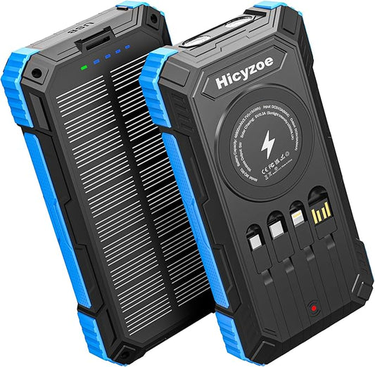 Solar Charger Power Bank, 49800mAh Wireless Portable Phone Charger, 15W QC3.0 Fast Charging External Battery Pack with 4 Built-in Cables, USB-C in/Output, with Dual Flashlights for Outdoor (Blue)