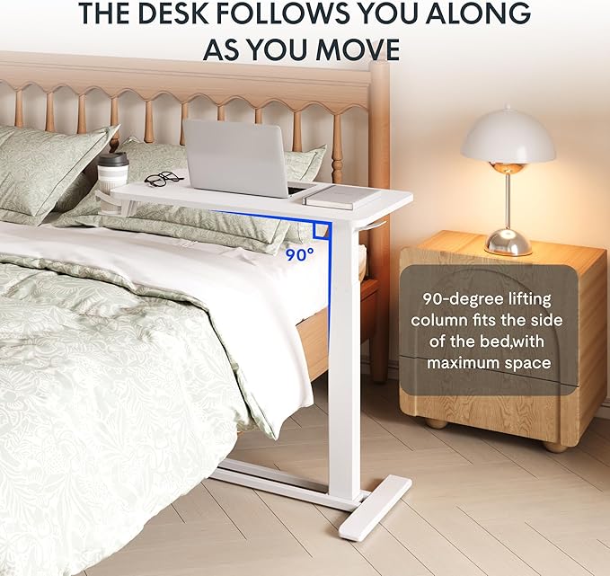 FLEXISPOT H7 Adjustable Overbed Bedside Table with Wheels Pneumatic Mobile Standing Laptop Desk Rolling Computer Cart Movable Overbed Table Hospital Home Use (31.5" W x 17.7" D, White Large)