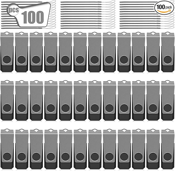 AGECASH USB Thumb Drive 1GB Flash Drive 100 Pack USB 2.0 Flash Drives Bulk 1 GB Memory Stick with Lanyards Swivel Jump Drives Multipack for Data Stroage and Backup, Grey 1GB