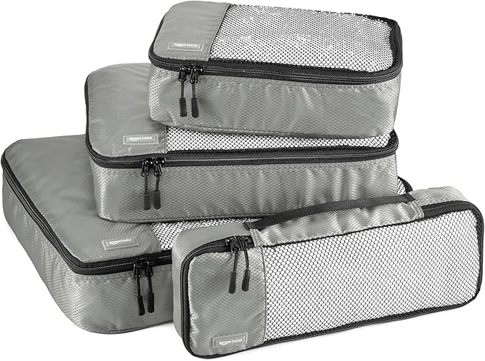 Amazon Essentials 4-Piece Packing Cubes Travel Accessories Set, Luggage Organizer with Double Zipper, Mesh Top, 100% Polyester, Small/Medium/Large/Slim, Gray (Previously Amazon Basics)