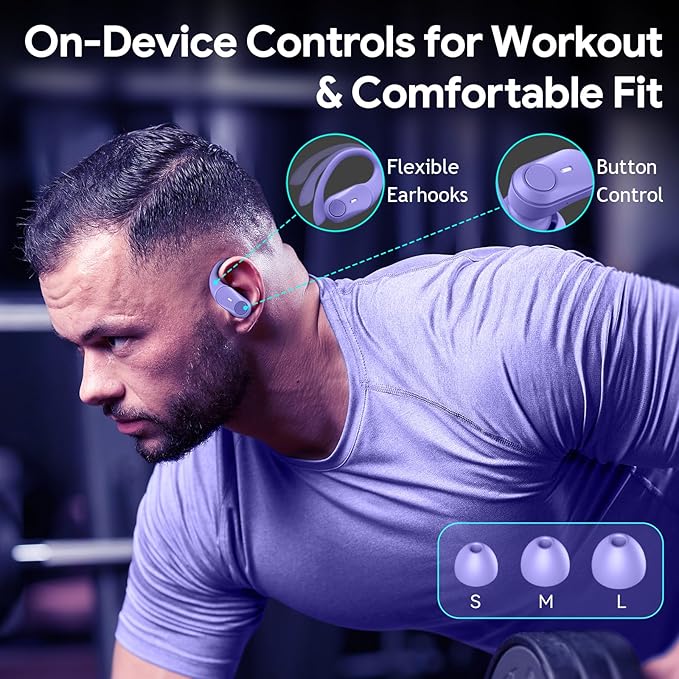GOLREX Active Noise Cancelling Ear Buds Wireless Earbuds Bluetooth Headphones with 80H Playtime LED Display Charging Case, Over Ear Earphones with Hooks for Sports Running Gym Workout Purple