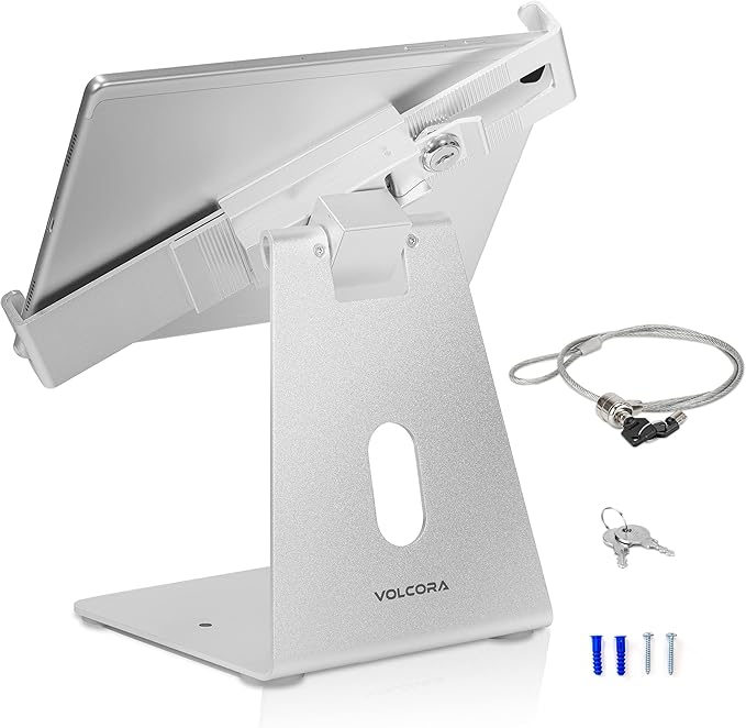 Volcora Anti-Theft Tablet Stand iPad Security Holder with Lock, Silver 10-13 Inch Kiosk Stand Mount, Swivel, Adjustable, for iPad Pro, Air, POS Register, Retail Business, Checkout, Cashier