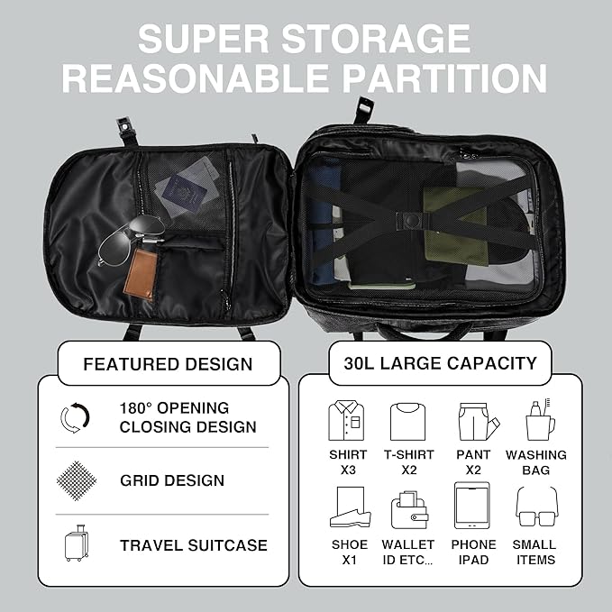 TSA-Friendly Travel Backpack with Laptop Compartment, 30L Carry-On Backpack for Men & Women, 180° Lay-Flat Design, Waterproof & Durable 1000D Oxford, Fits 15.6" Laptop