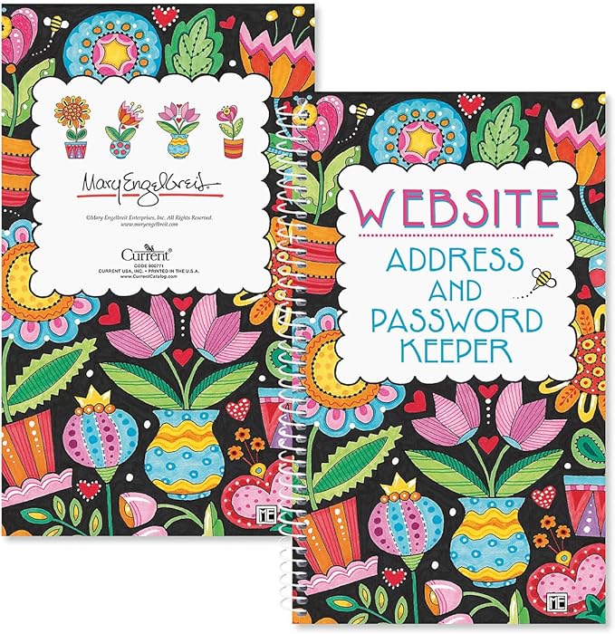 Current Mary Engelbreit Password & PIN Keeper Book, 94 Pages, 5” x 8.5” Size Spiral Bound, Soft Cover Internet Organizer for Offline Website, Login, & Username Storage