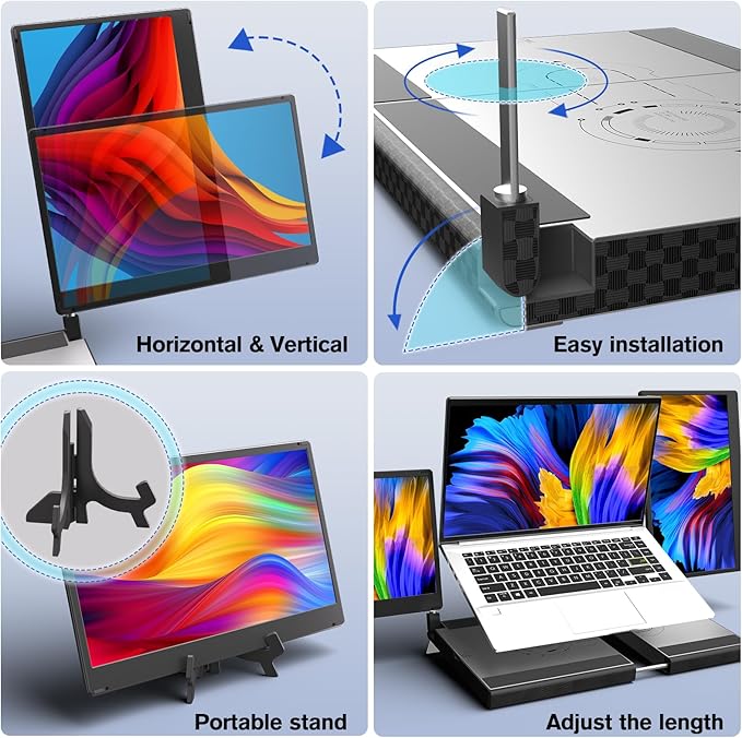 Laptop Triple Screen Extender - 14" Monitor IPS FHD 1080P HDMI USB-C Detachable Portable Display for 12-17.3 Inch Laptops Compatible with Windows Mac Chrome Surface Metal Base Travel Work Setup