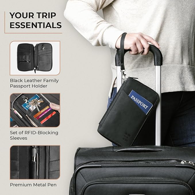 Leather Passport Holder for Family - RFID Blocking Travel Wallet for 6 Passports, Cards, Cash & More - Genuine Top Grain Leather Document Organizer with Wrist Strap, Key Ring & YKK Zipper - Midnight