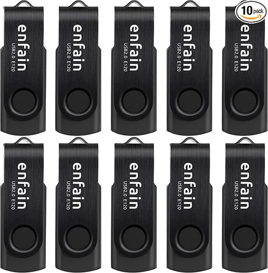 Enfain's Sleek 10-Pack of 512MB USB 2.0 Flash Drives: Ideal for Saving and Effortlessly Sharing Document Files (All Black, Shareable Design)