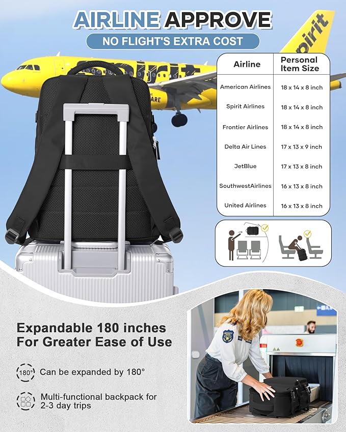 VECAVE Carry On Backpack for Women,Large Travel Backpack Flight Approved,Waterproof 15.6 Inch Laptop Backpack Business Work Backpacks Men Mochila De Viaje Black