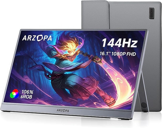 ARZOPA 16.1'' 144Hz Portable Gaming Monitor, 106% sRGB 1080P FHD Kickstand Portable Monitor with HDR, Ultra Slim, Eye Care, External Second Screen for Laptop, PC, PS5, Mac, Xbox-Z1FC Gray