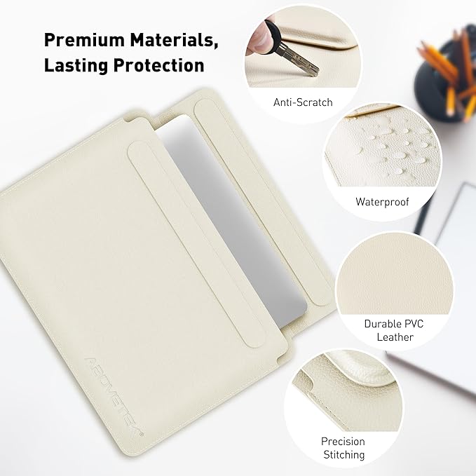 AboveTEK Laptop Sleeve Case for 13-14 inch MacBook Air/Pro, Slim Laptop Case with Stand, Ergonomic Wrist Rest & Mouse Pad, Waterproof Anti-Scratch Leather Bag for 13-14 Surface HP (Beige)