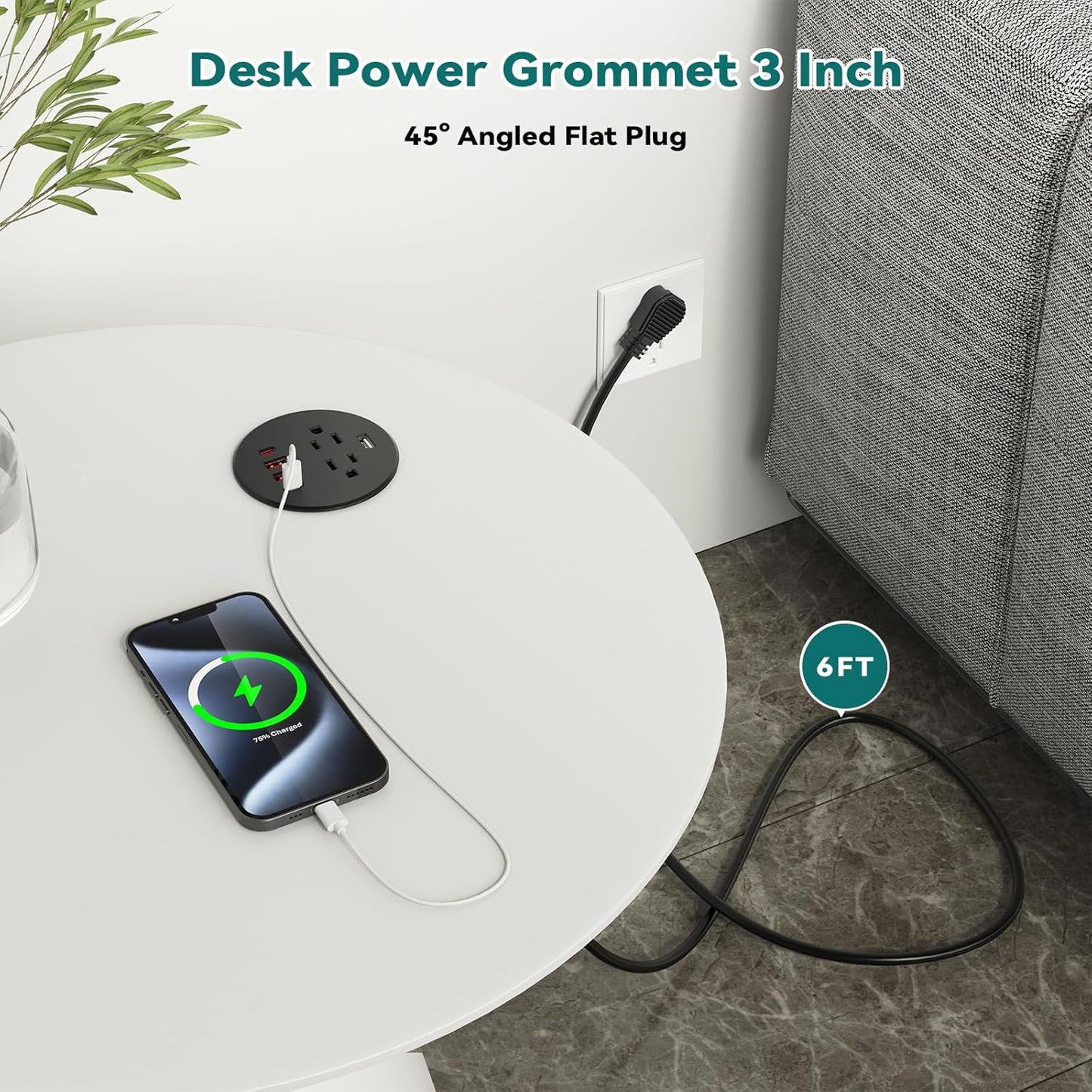 QBA Recessed Power Grommet with USB-C 35W, Desk Charging Station with 2 AC Outlets, 4 USB Ports, 3 Inch Flush Mount Power Outlet for Home Office Furniture