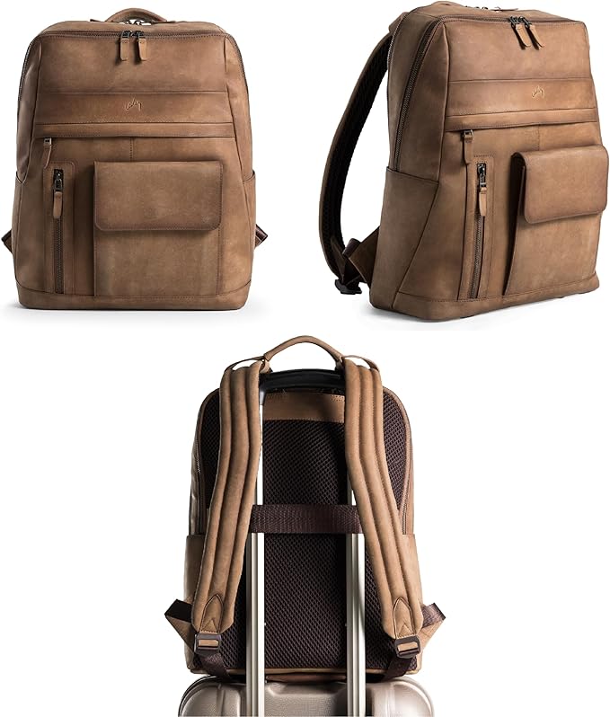 VELEZ Brown Leather Backpack for Men & Women - Large Capacity Laptop Travel Backpack with 17" Sleeve - Vintage Travel Bag with Adjustable Straps, Multiple Pockets & Trolley Sleeve