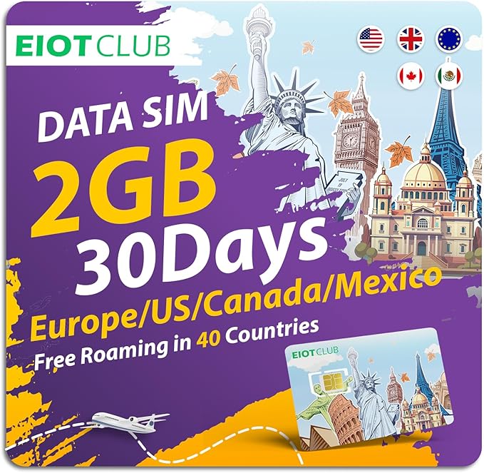 EIOTCLUB Prepaid Europe SIM Card, 2GB/30Days SIM Card, Use in Canada/Mexico/The US & 37 European Countries, 5G/4G High Speed Data Card (No Activation & Roaming Fees Required)