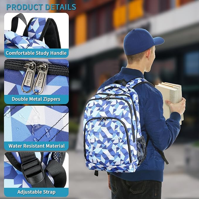Della Gao College Laptop Backpack with Pencil Case, Digital Check Pattern Travel Backpack for Men, Waterproof Computer Back Pack for Travel, Business, Work, College (Blue-RH, 15.6 Inch)