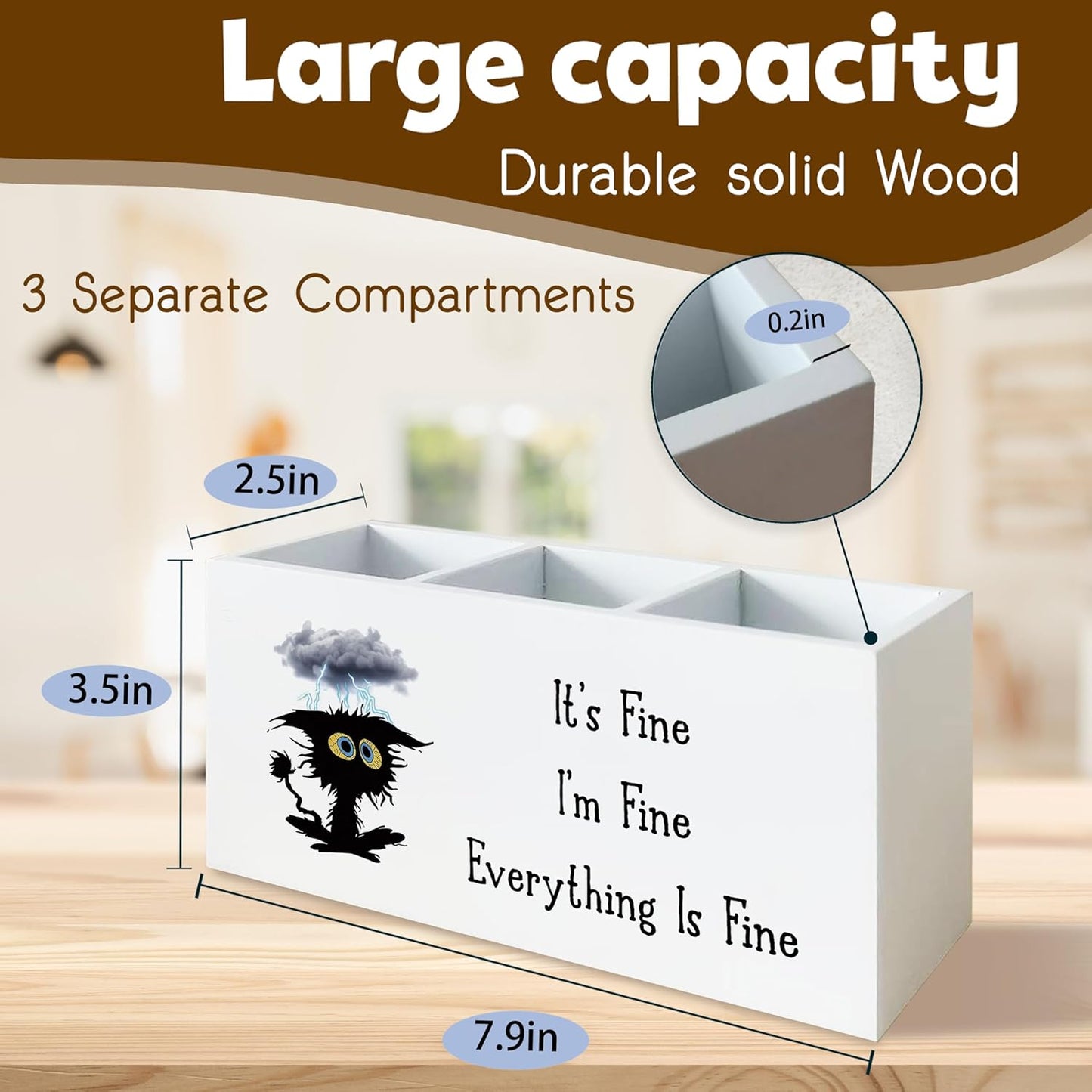 It's Fine I'm Fine Everything is Fine Funny Cat Pen Holder for Desk, Funny Desk Accessories for Work, Sarcastic Office Humor Gifts Wooden Pen Pencil Holder Organizer for Office