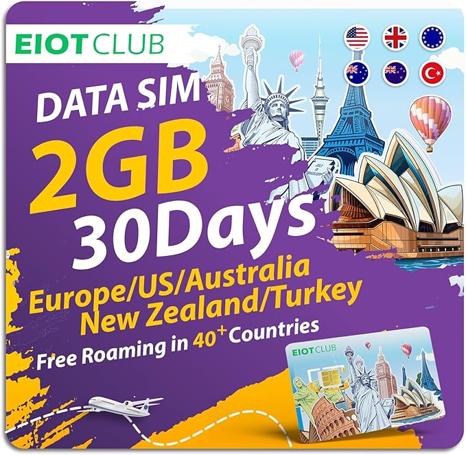 EIOTCLUB Prepaid Europe SIM Card, 2GB/30Days SIM Card, Use in Australia/New Zealand/Turkey/The US & Europe, 5G/4G Speed Data Card (No Activation & Roaming Fees Required)