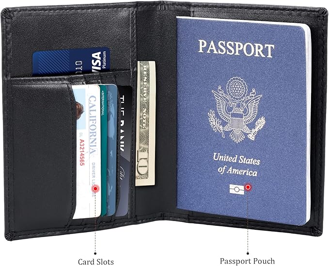 Polare Slim RFID Blocking Leather Passport Holder Travel Bifold Wallet For Men (Carbon Black)