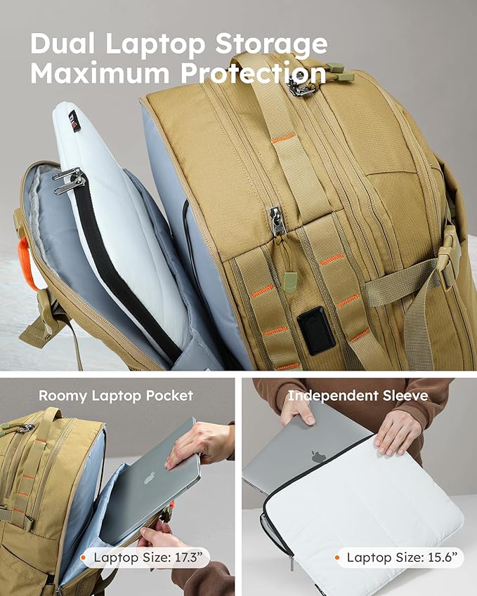 Tolaccea Carry on Travel Backpack, TSA Friendly Flight Approved Laptop Backpack Duffle Bag for Men Women with Dual Laptop Storage for 17.3", USB Charging Port, Business Rucksack 40L-50L Expandable