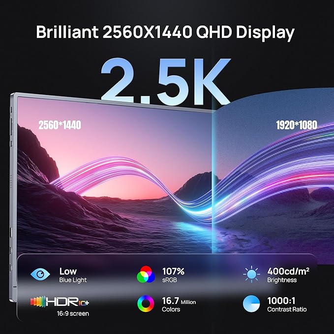 ARZOPA 16.1'' 180Hz 2.5K Portable Monitor, 2560x1440 QHD 107% sRGB Kickstand Portable Gaming Monitor with HDR, Ultra Slim, Eye Care, External Second Screen for Laptop, PC, PS5, Mac, Xbox-Z3FC