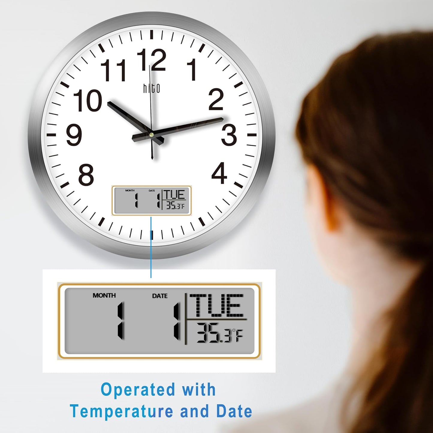 HITO 16 Inch Silent Wall Clock Battery Operated with Temperature and Date, Large Wall Clock for Living Room Decor, Office, Classroom, Bedroom