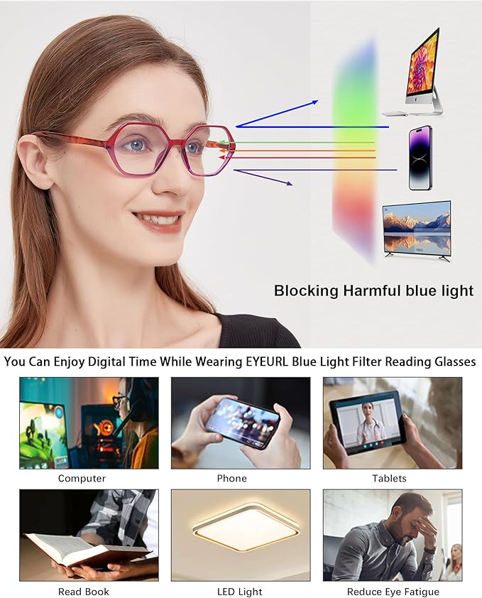EYEURL 4-Pack Reading Glasses for Women Blue Light Blocking Reading Glasses Vintage Design Diamond-Shaped Frame Spring Hinge Readers for Women Men Anti Glare Filter Lightweight Eyeglasses,1.0
