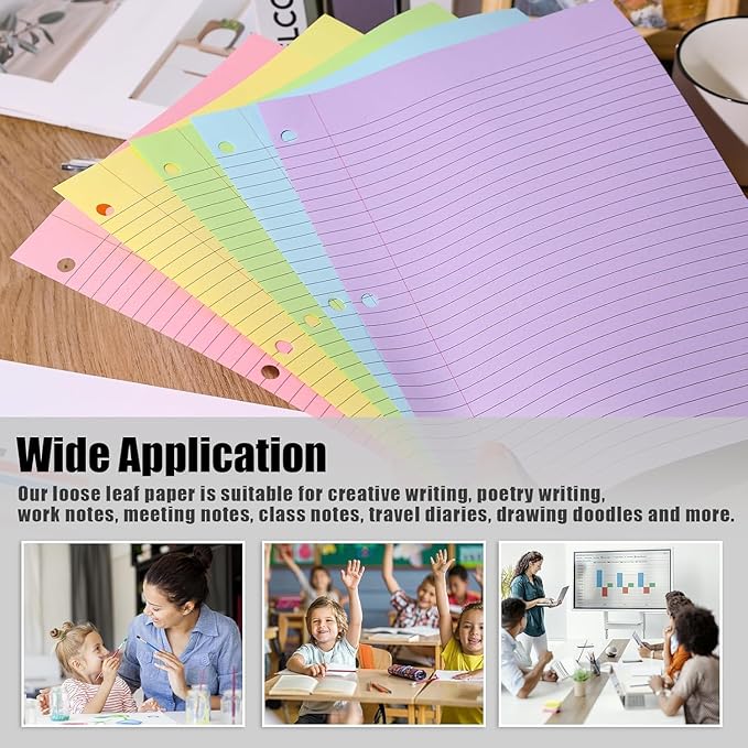 Koogel 100 Sheets Loose Leaf Notebook Paper – 5-Color College Ruled, 3-Hole Punch, 8 x 10.5 Inch for School, Office & Travel Notes